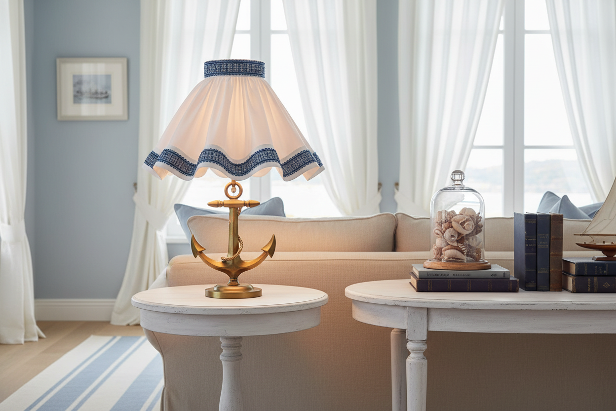 Abat-jour blanc et bleu en ambiance