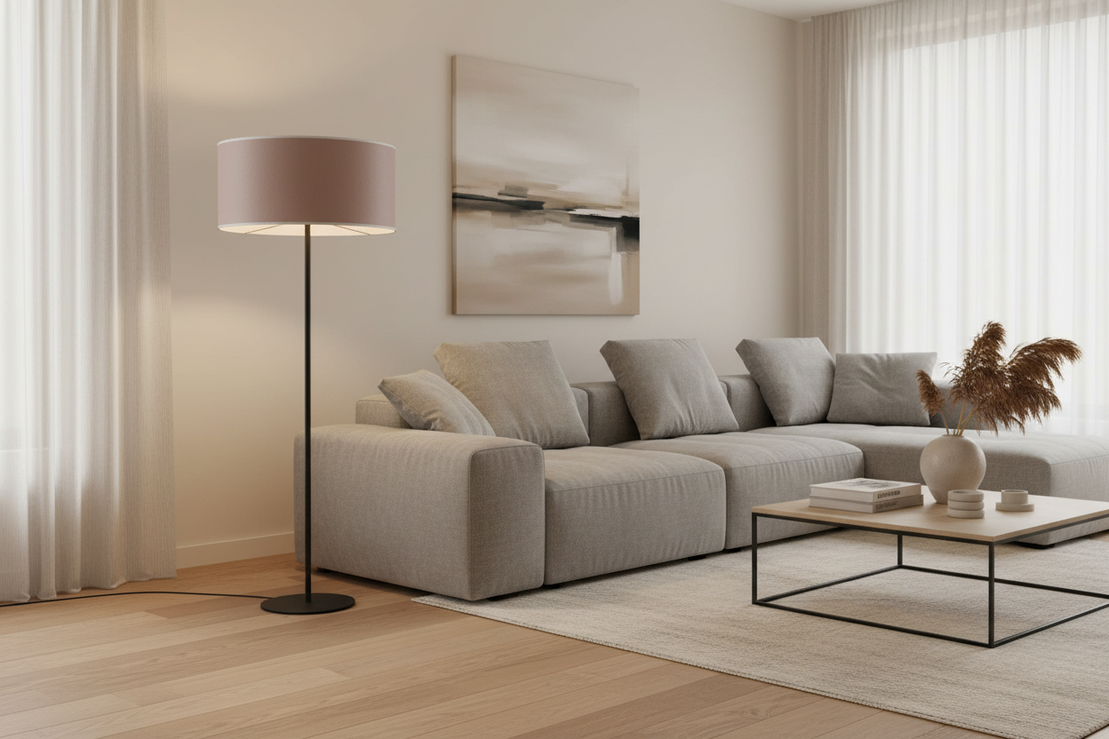 Abat-jour cylindrique taupe en ambiance lampadaire moderne