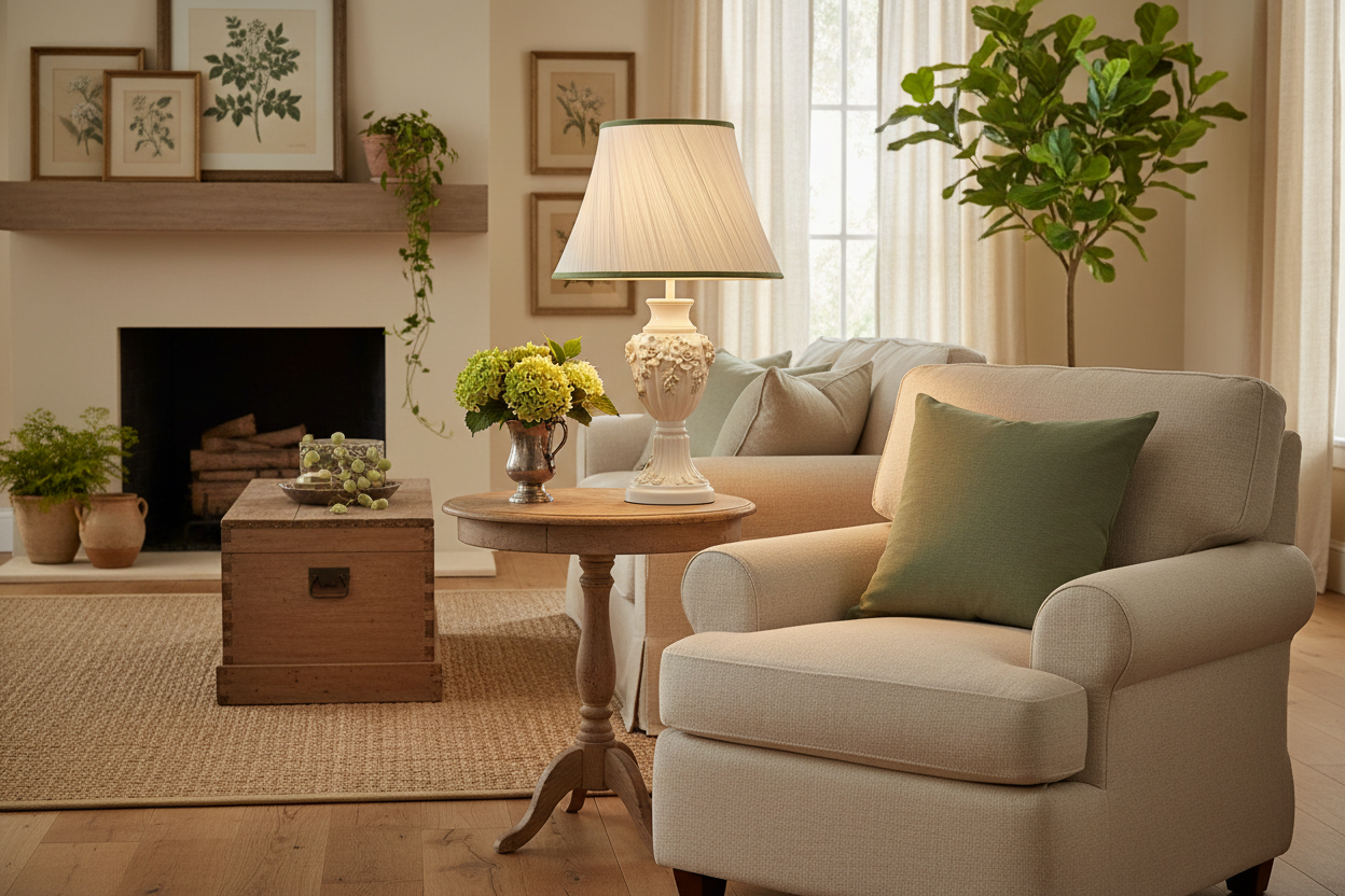 Abat-jour ivoire et vert en ambiance