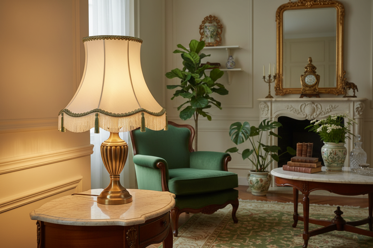 Abat-jour ivoire à franges vertes en ambiance