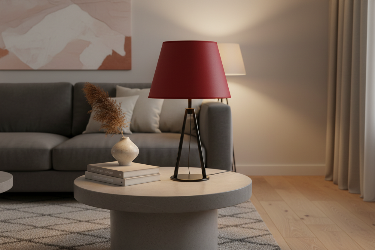 Abat-jour rouge conique sur pied de lampe moderne