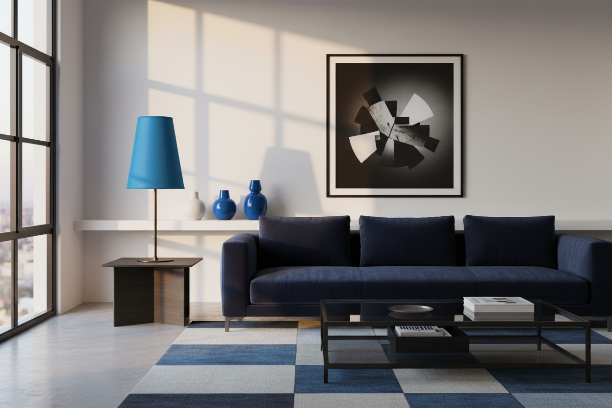 Ambiance contemporaine abat-jour conique bleu pétrole