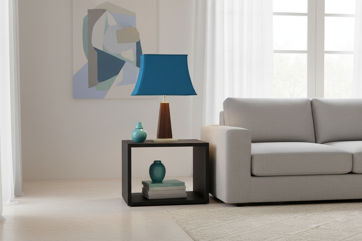 Ambiance contemporaine avec abat-jour bleu canard