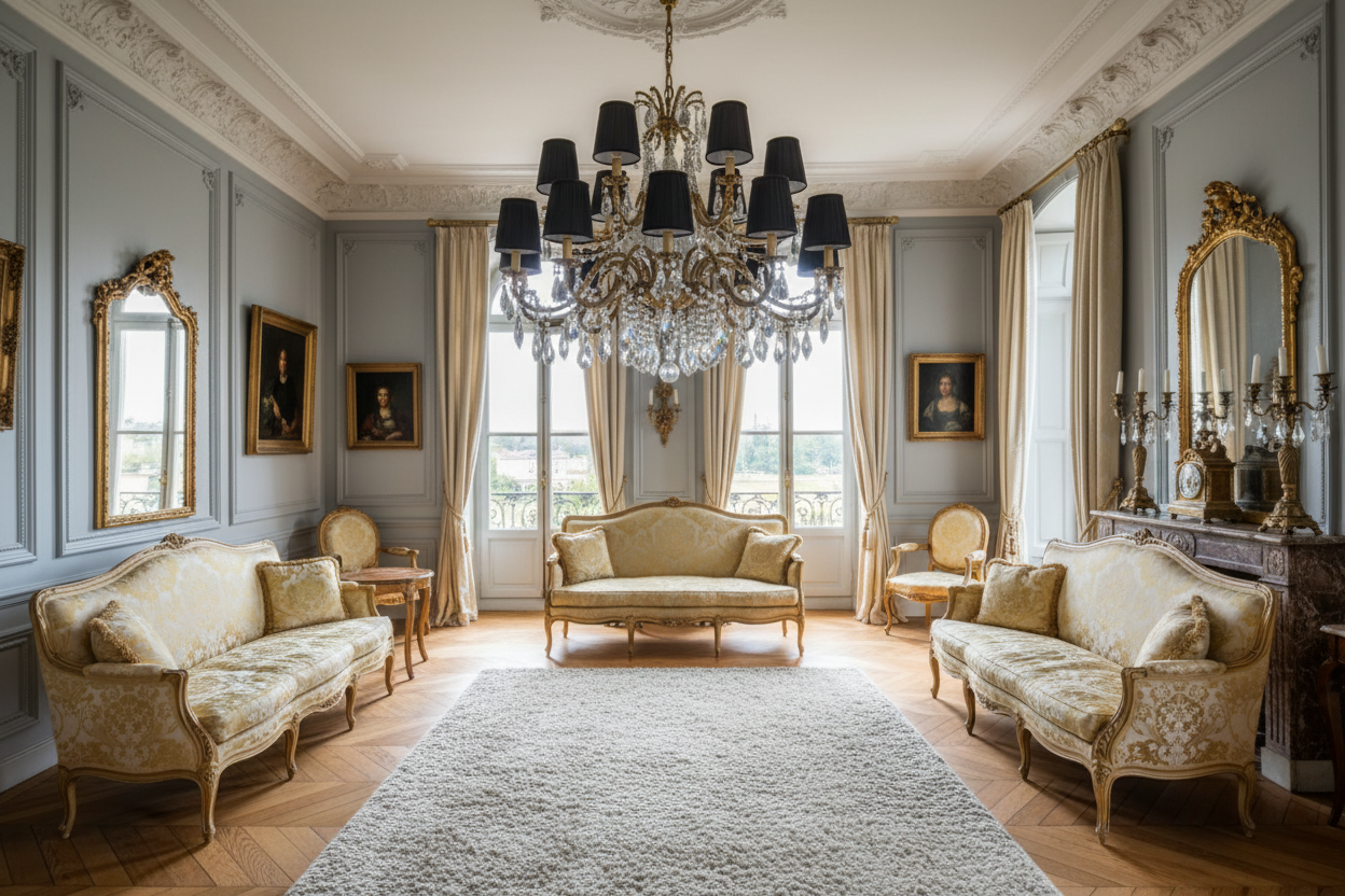 Lustre 10 branches avec abat-jours noirs plissés en salon