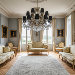 Lustre 10 branches avec abat-jours noirs plissés en salon